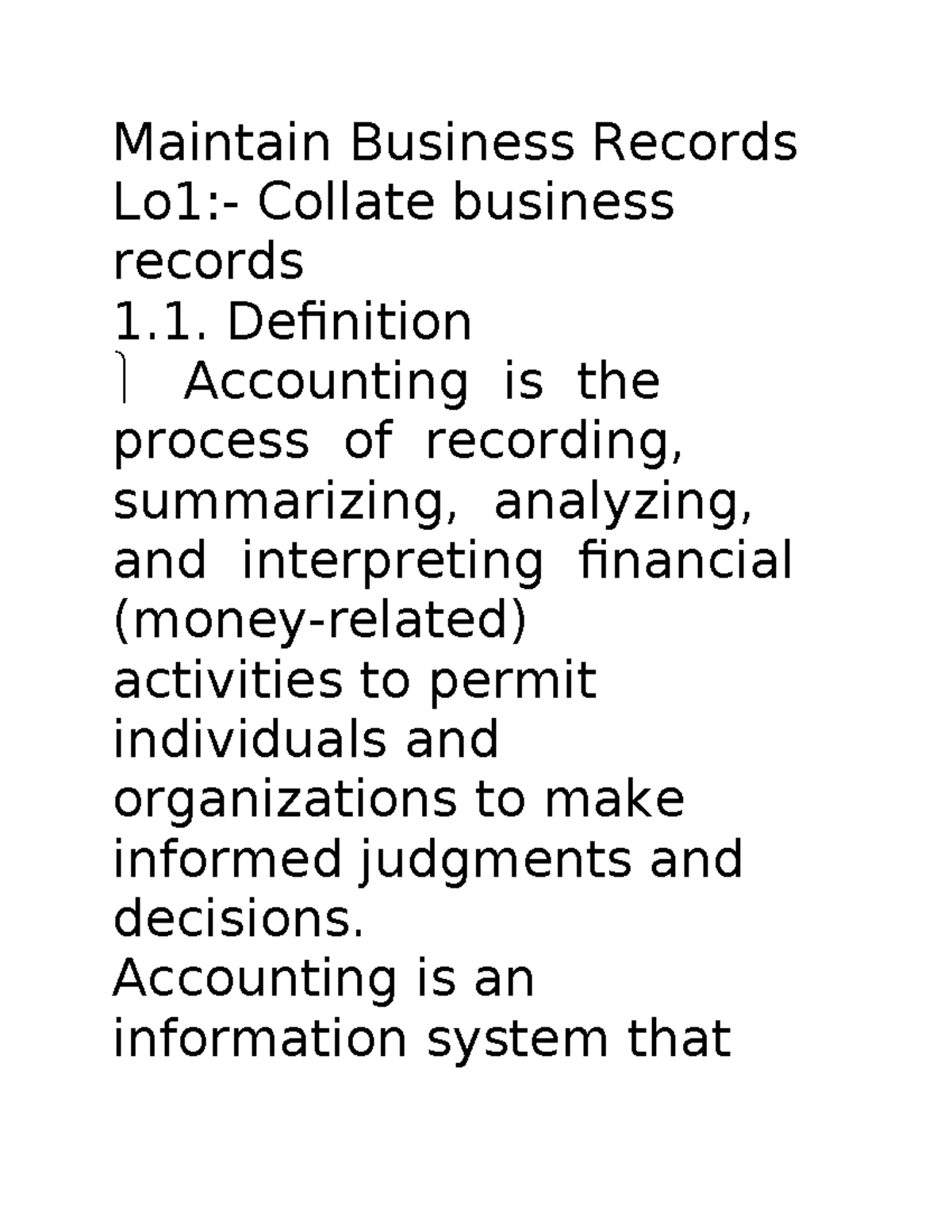 Maintain Business Records Maintain Business Records Lo1 Collate