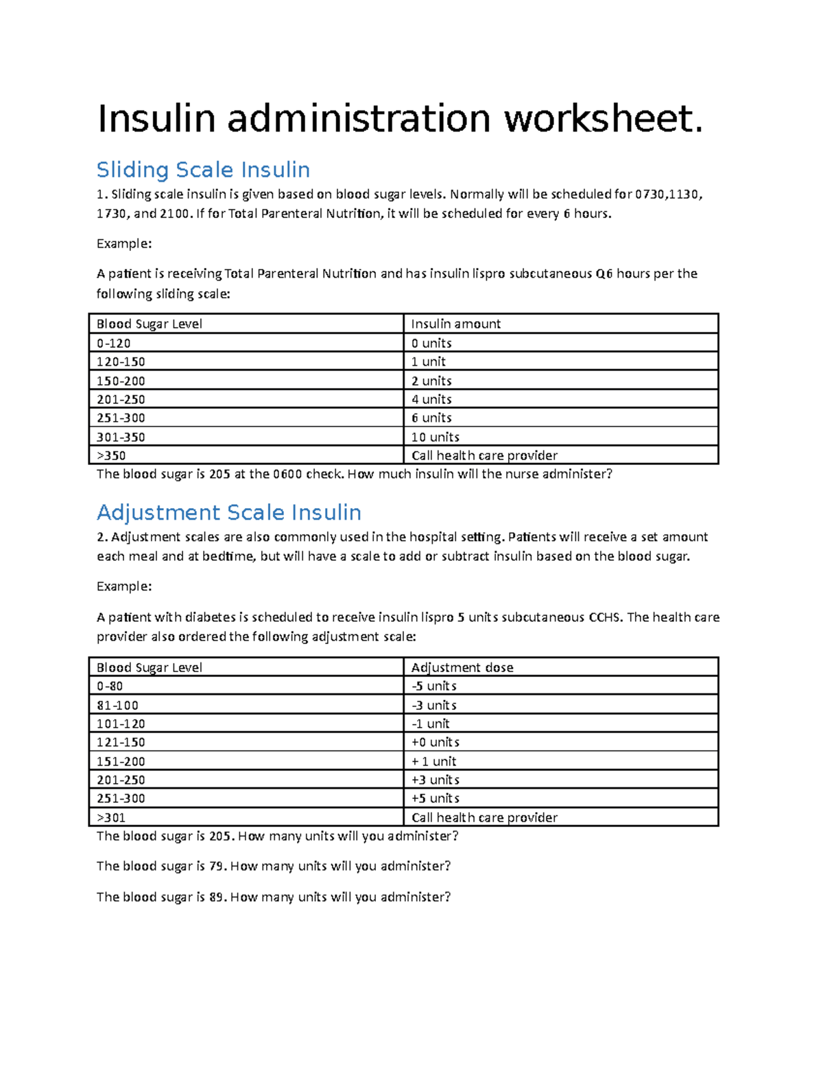 Insulin administration worksheet Sliding Scale Insulin Sliding scale