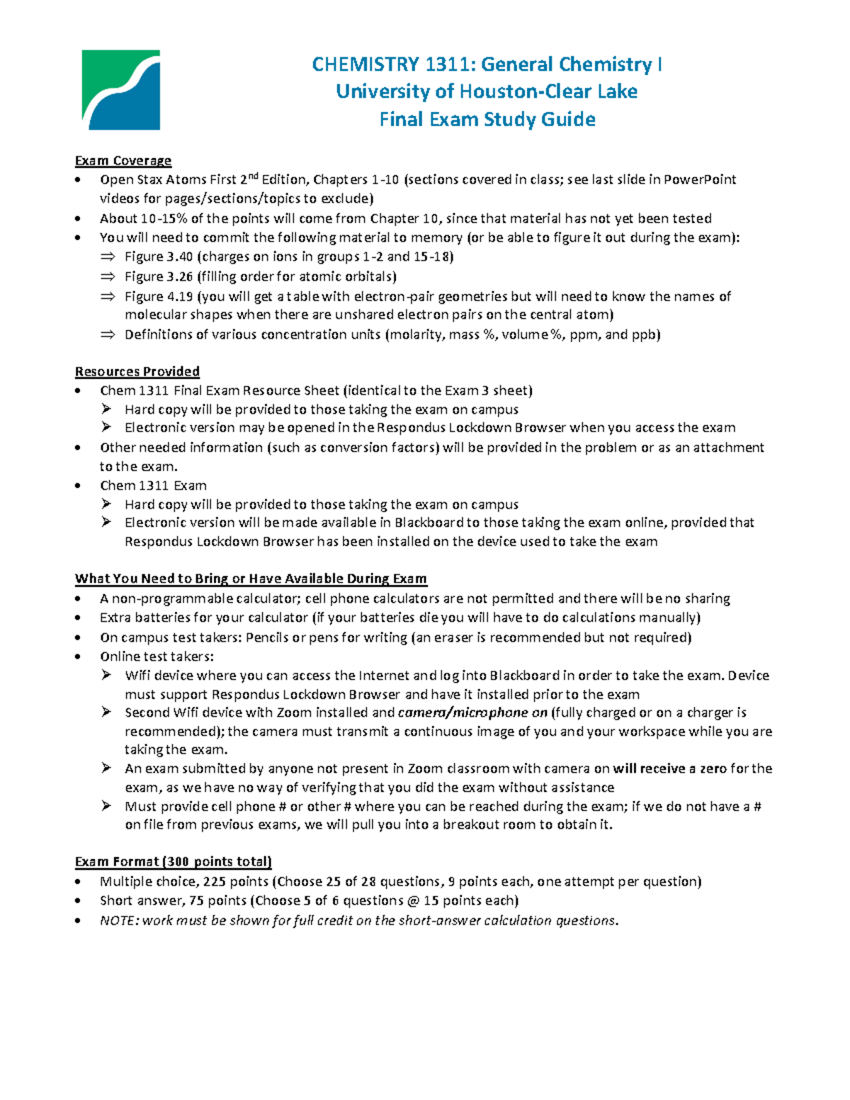 Chemistry Exam Review - CHEMISTRY 1311: General Chemistry I University ...