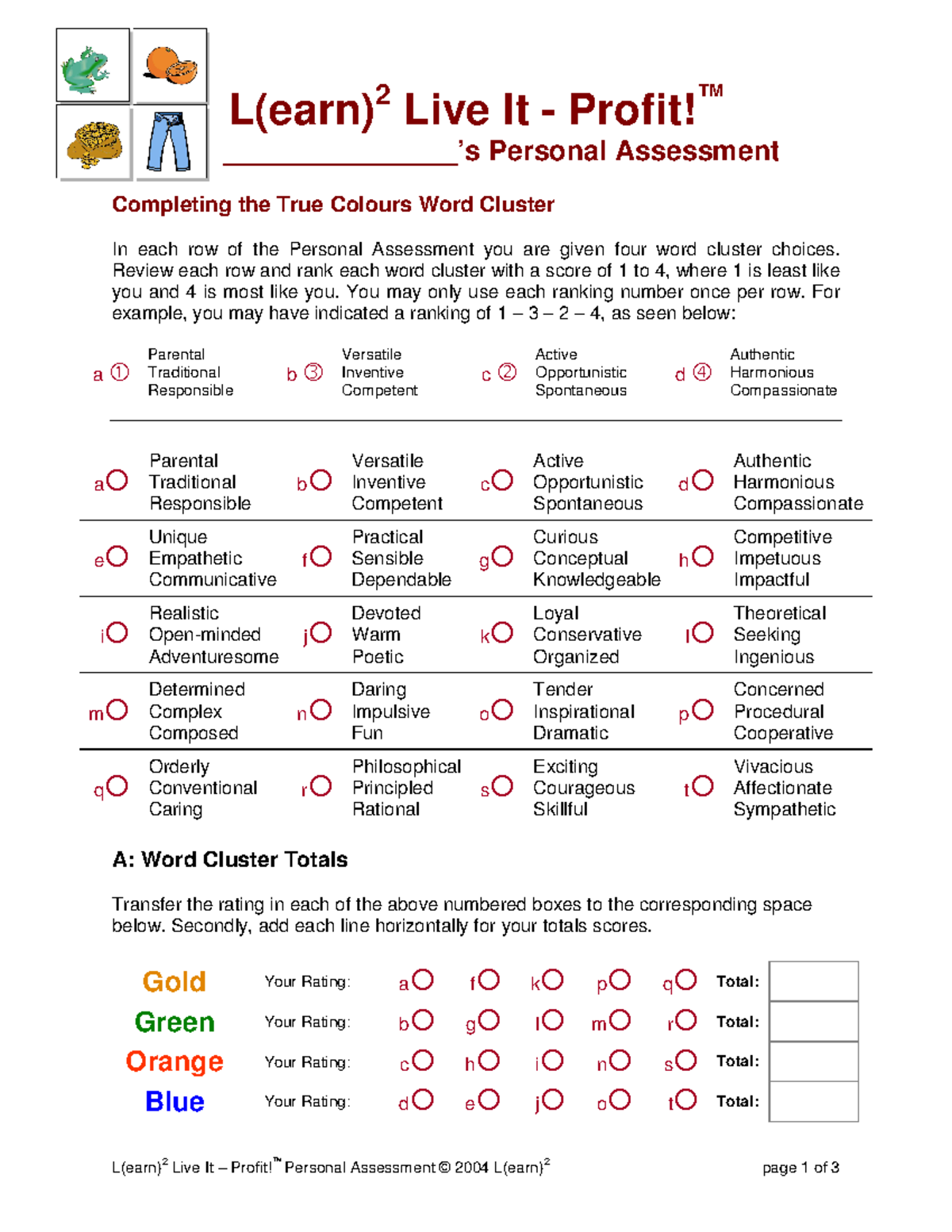 True Colors Word Cluster Handout 1 - L(earn) 2 Live It – Profit ...