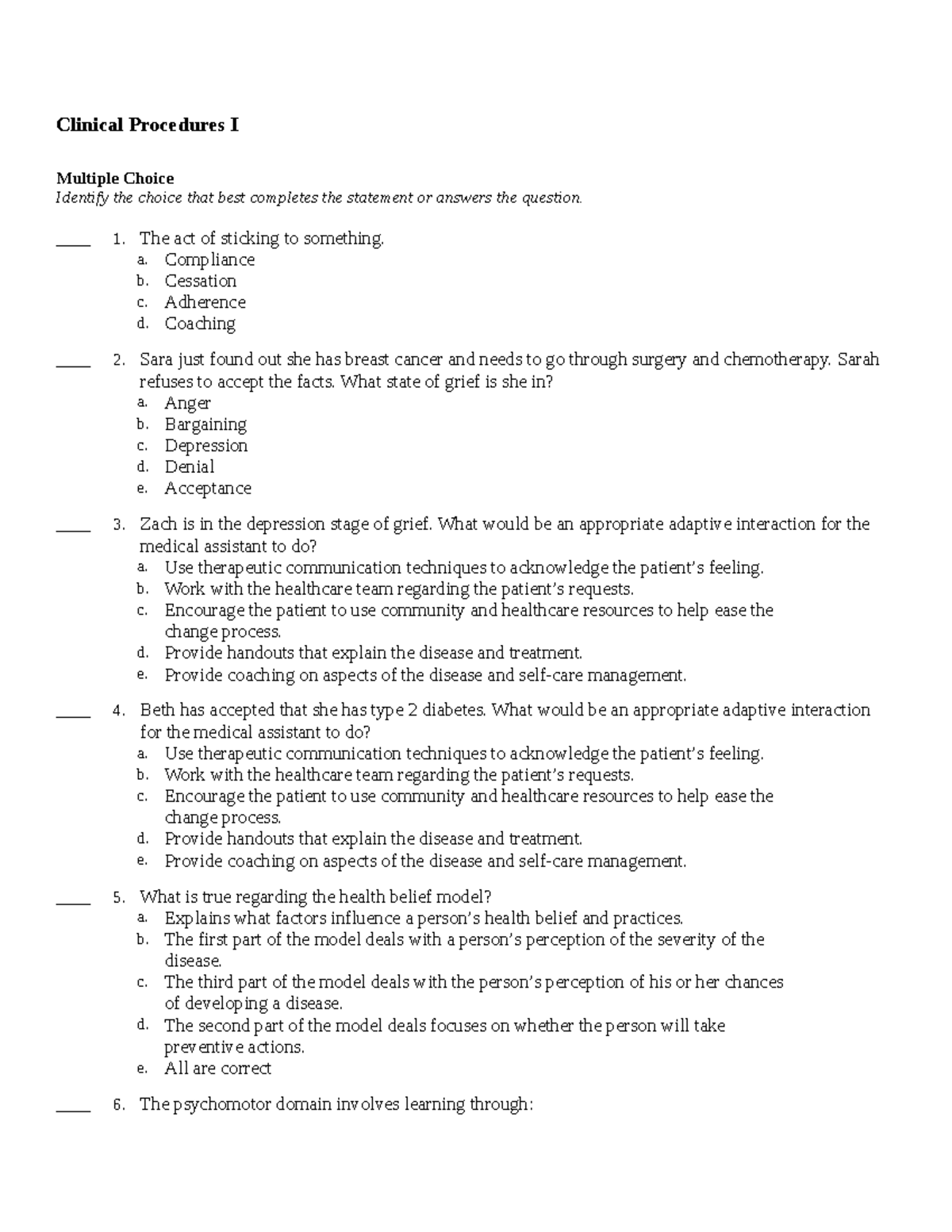 Clinical Procedures I Review - Clinical Procedures I Multiple Choice ...