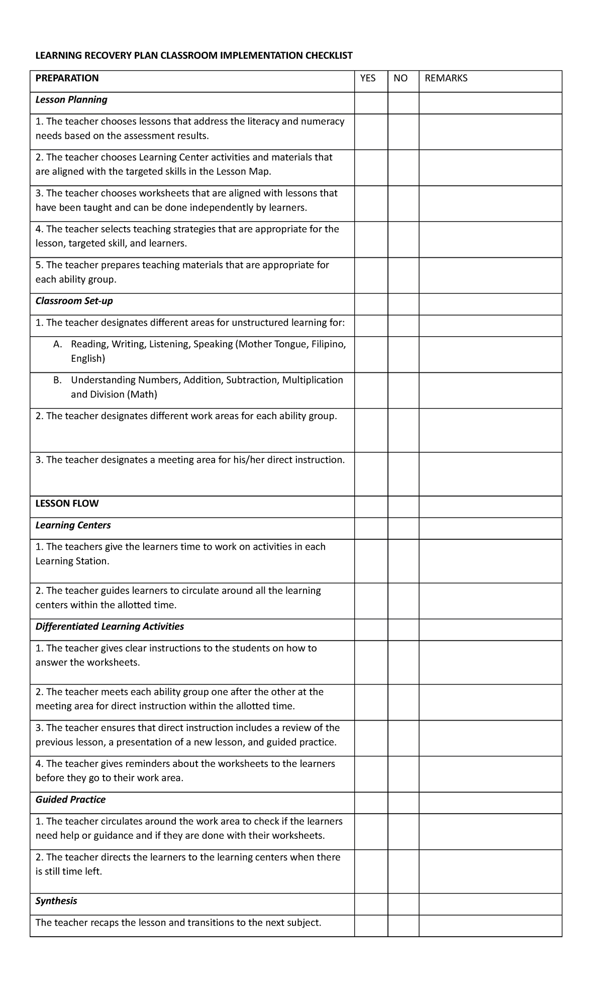 LRP Classroom-Implementation-Checklist edited - LEARNING RECOVERY PLAN ...