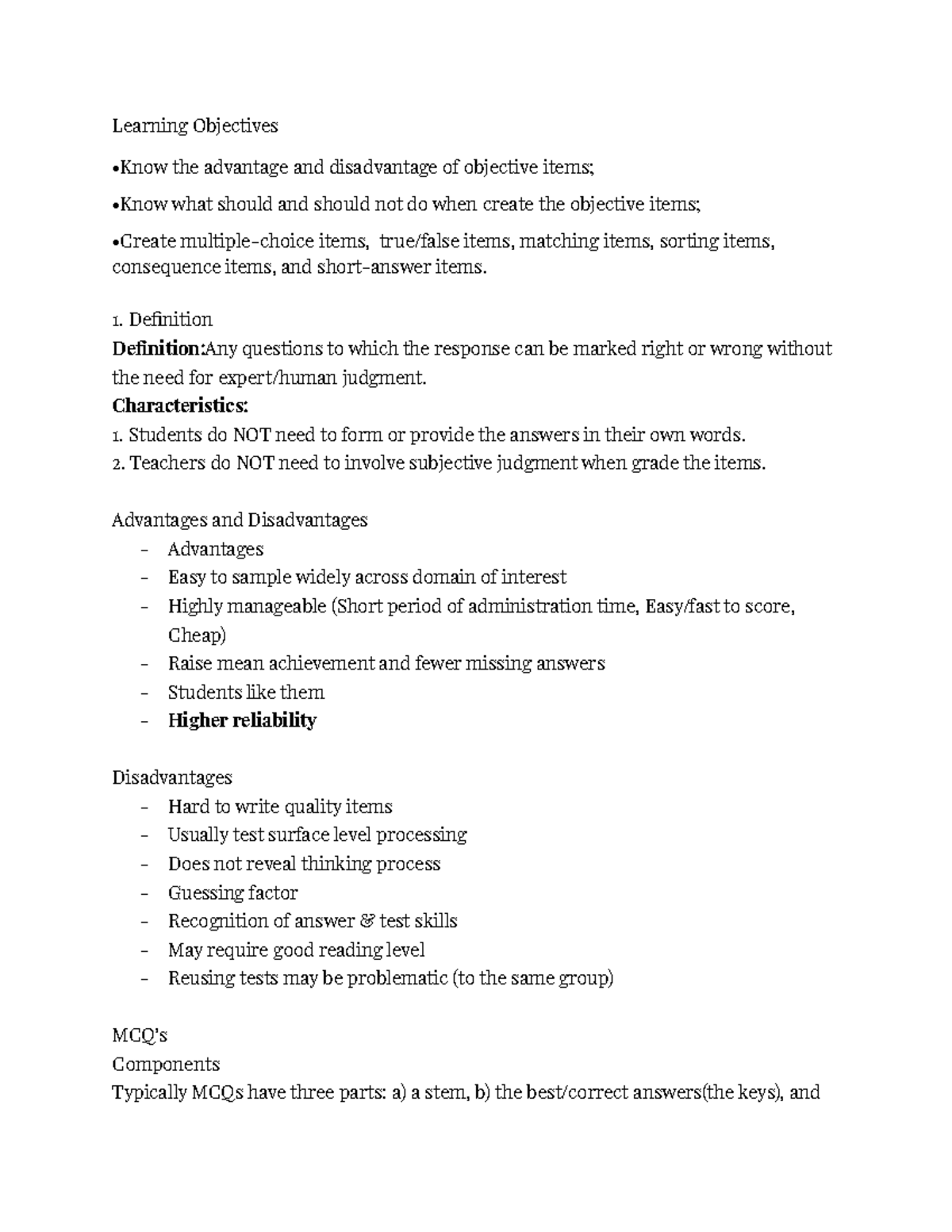Objective items notes - Lissete Tolentino - Learning Objectives •Know ...