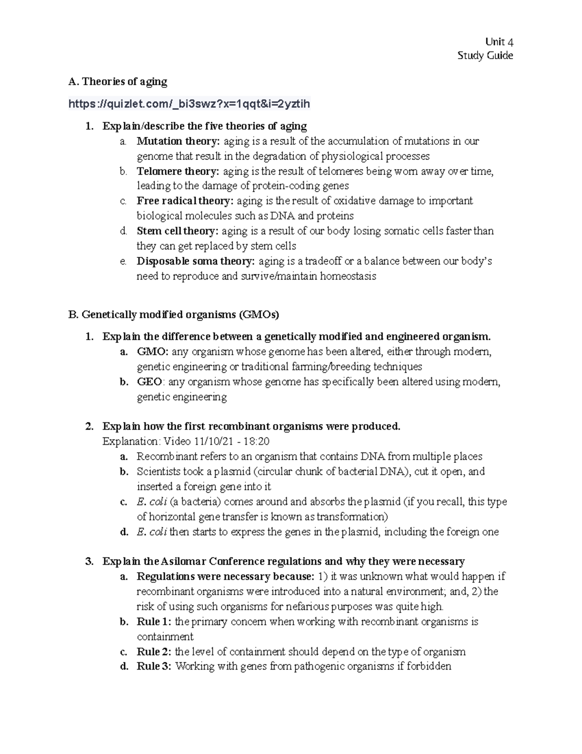 Unit 4 study guide completed - Study Guide A. Theories of aging quizlet ...