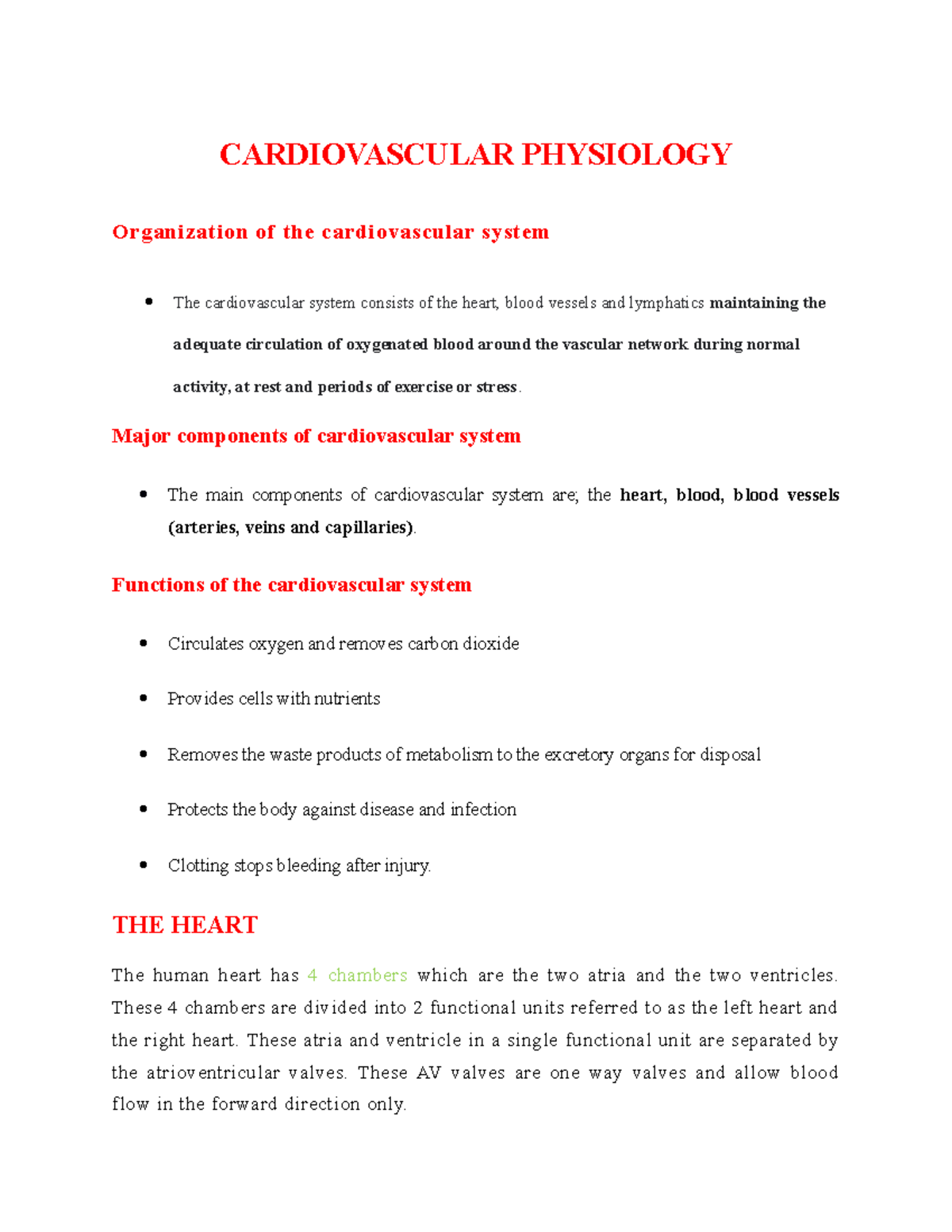 CVS Notes - CARDIOVASCULAR PHYSIOLOGY Organization of the ...