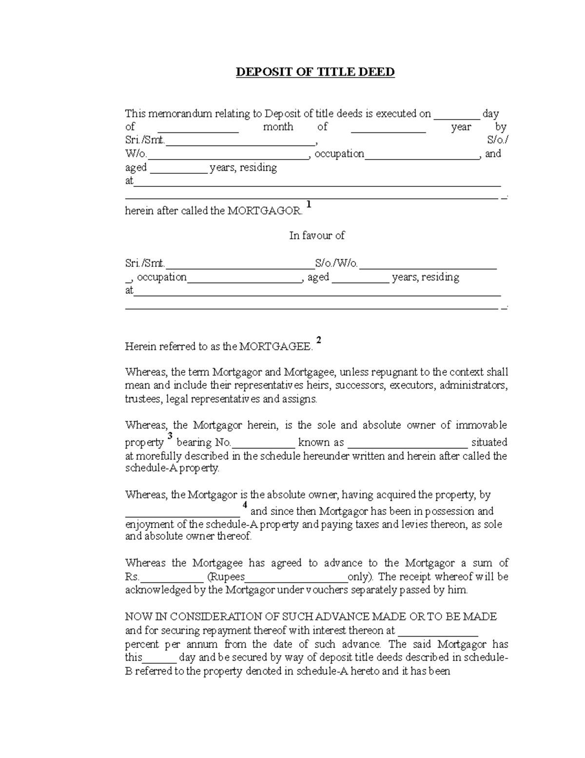 Deposit of Title Deed Drafts DEPOSIT OF TITLE DEED This memorandum