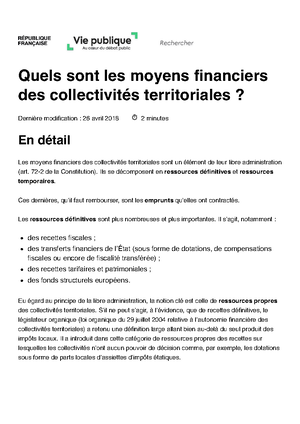 L'autonomie Financière Des Collectivités Territoriales Art.72-2 Vie ...