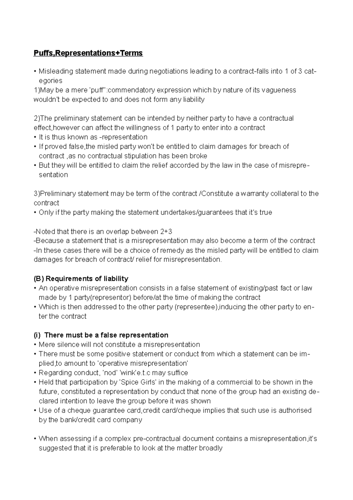 Misrepresentation notes - Puffs,Representations+Terms Misleading ...