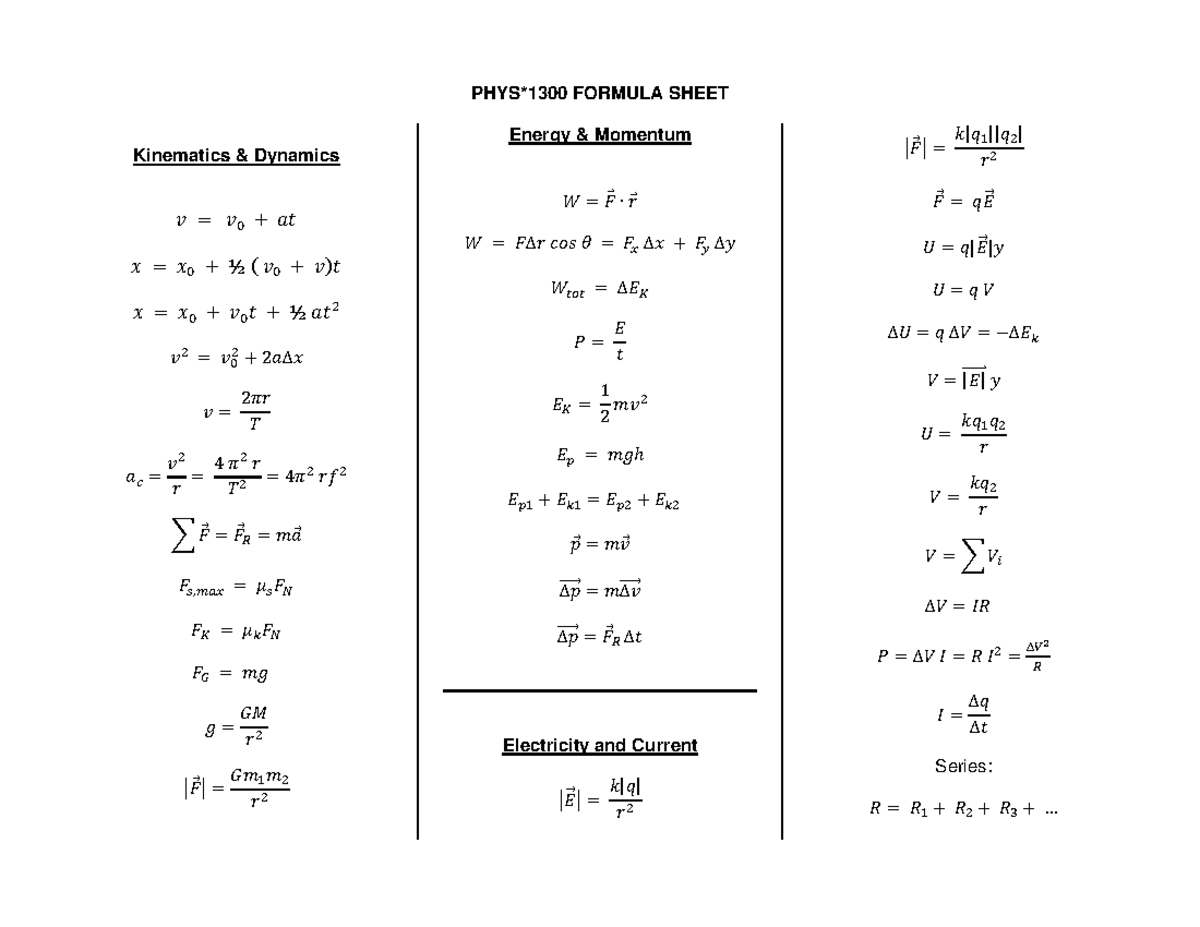 12-F'20 1300Formula Sheet - PHYS*1300 FORMULA SHEET Kinematics ...