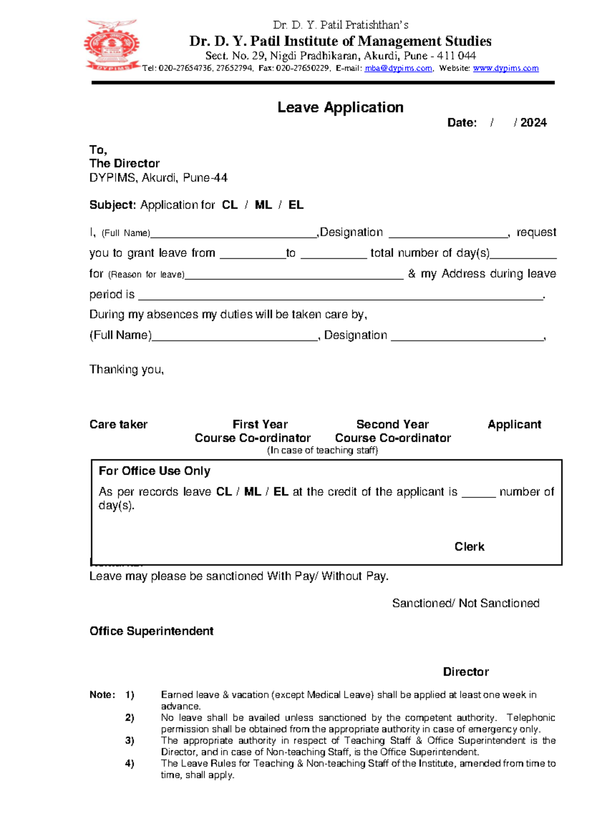 Leave Application ( Dypims) - Dr. D. Y. Patil Pratishthan’s Dr. D. Y ...