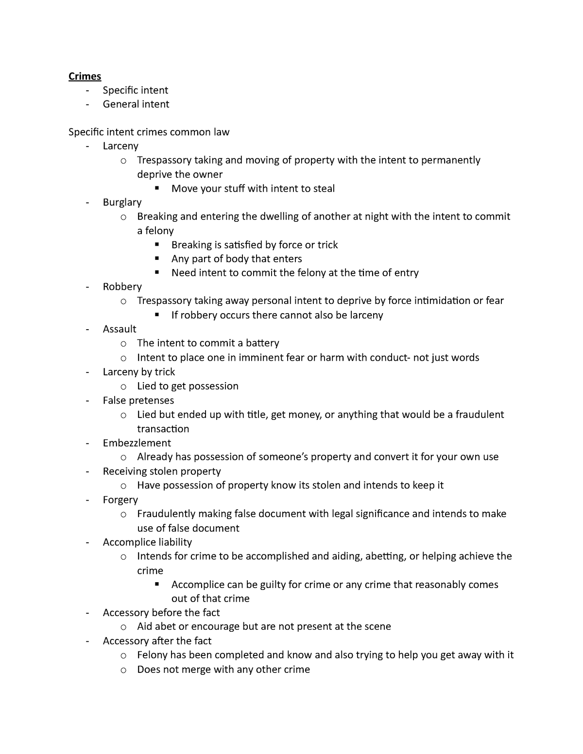 Bar crim outline 2 - Crimes - Specific intent - General intent Specific ...