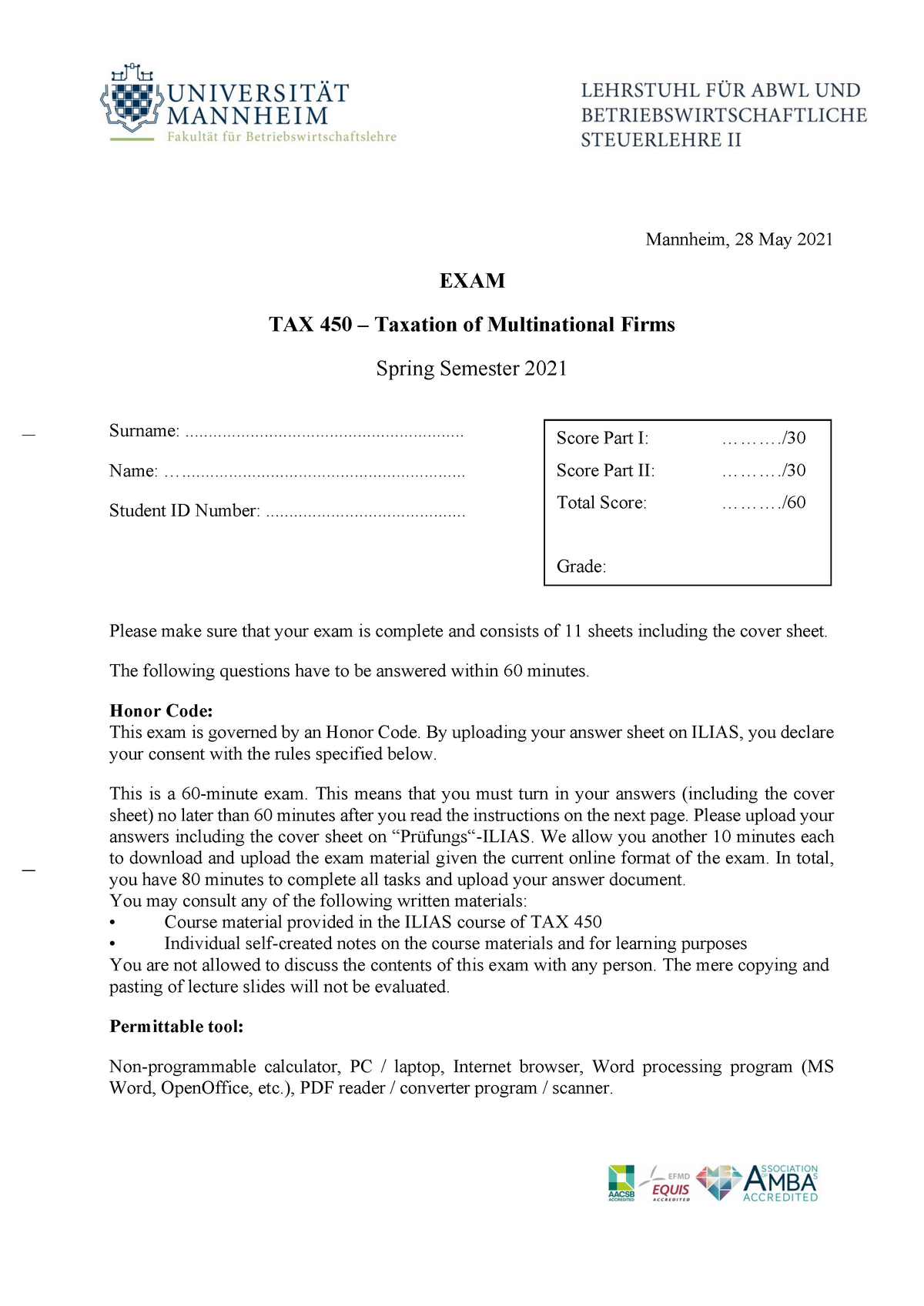 Klausur Taxation Of Multinational Firms Uni Mannheim - Mannheim, 28 May ...