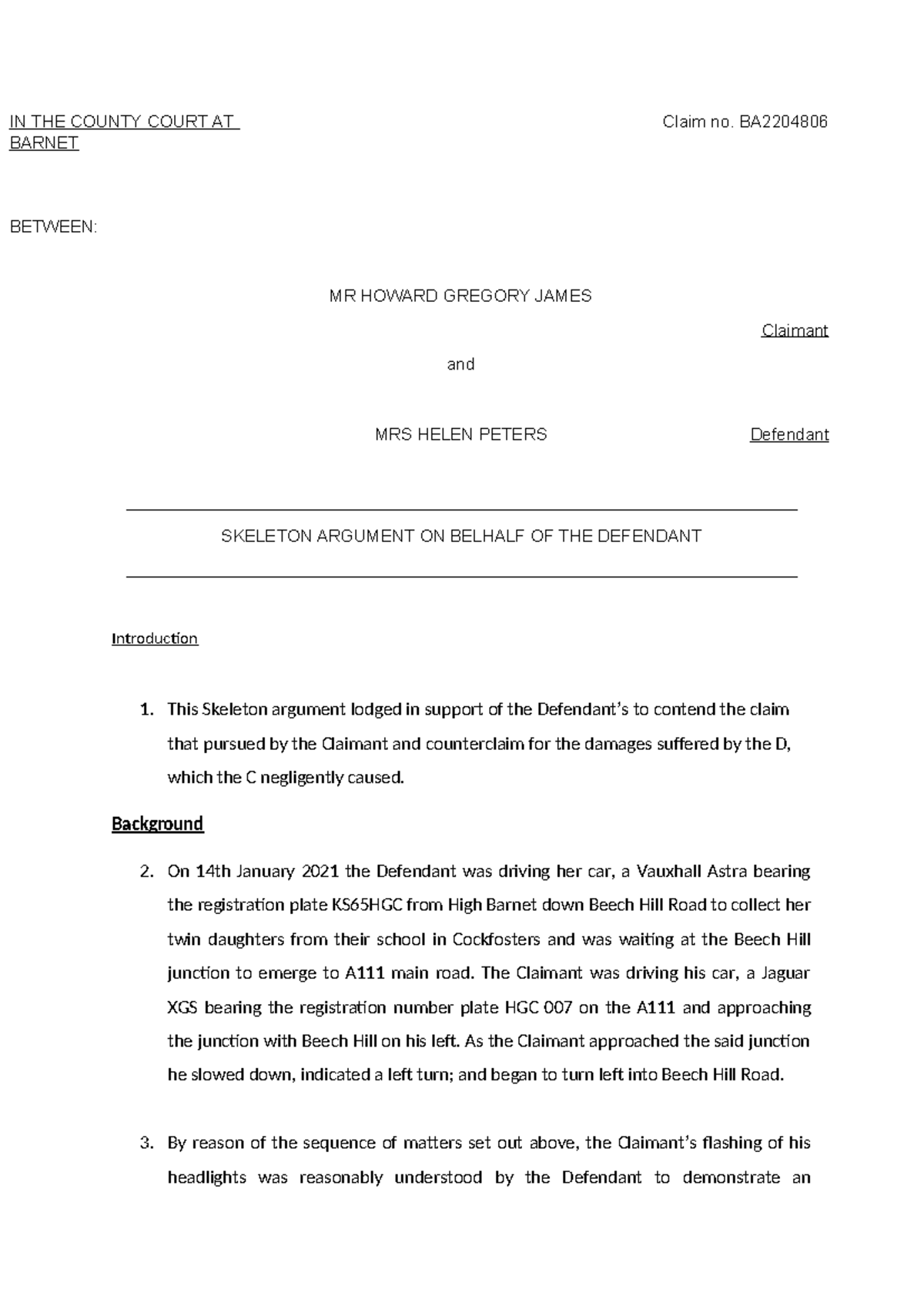 Skeleton Argument Howard Gregory v Helen Peters - IN THE COUNTY COURT ...