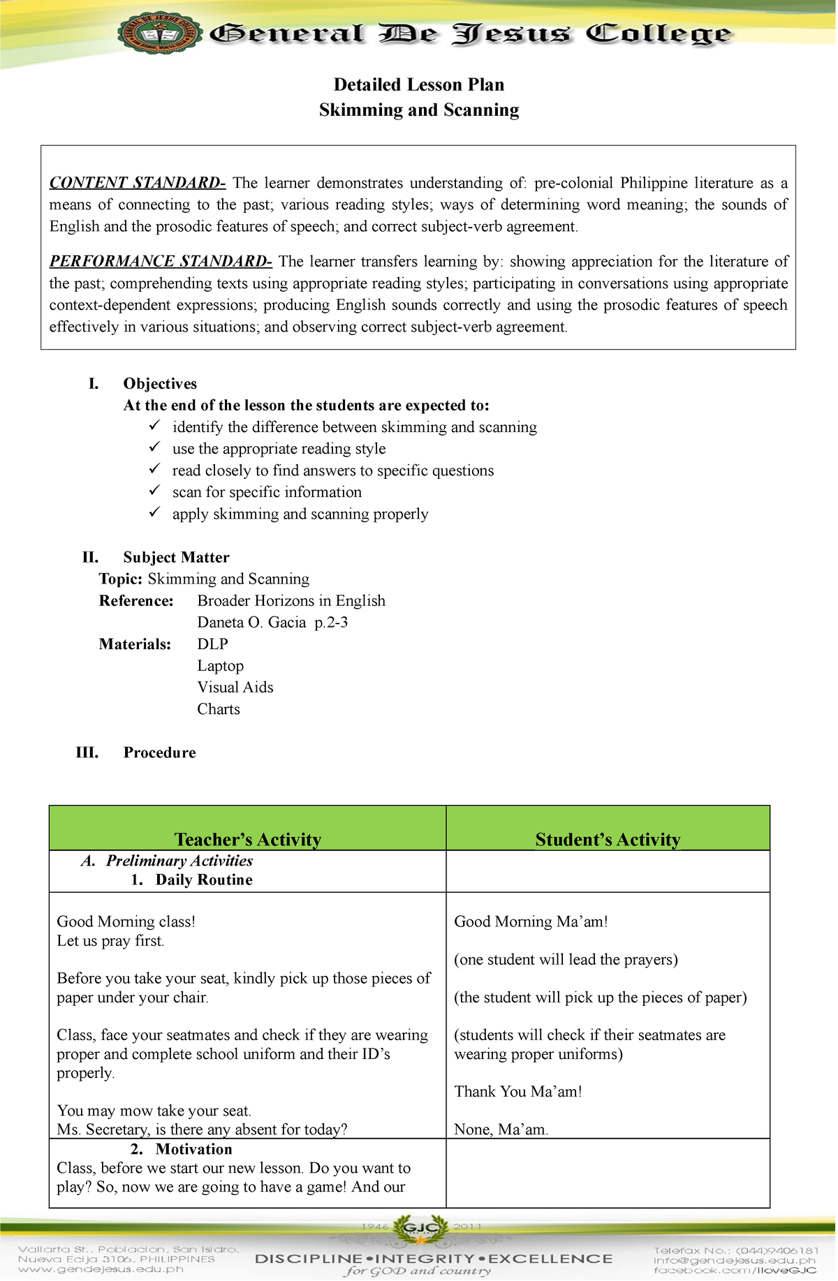 419210875 Detailed Lesson Plan Skimming Scanning - Detailed Lesson Plan ...