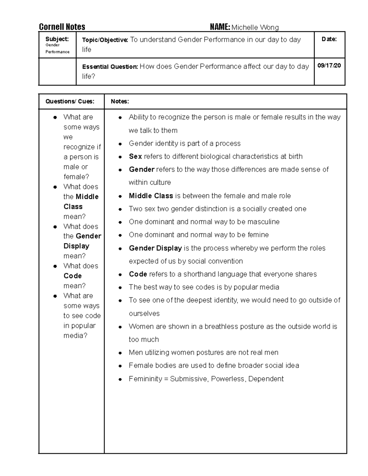 Gender Performance - Danae Martinez - Cornell Notes NAME:Michelle Wong ...