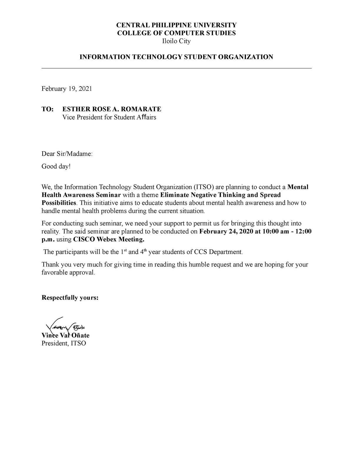 Letter FOR VPSA 1 - lecture notes for bsmba - CENTRAL PHILIPPINE ...