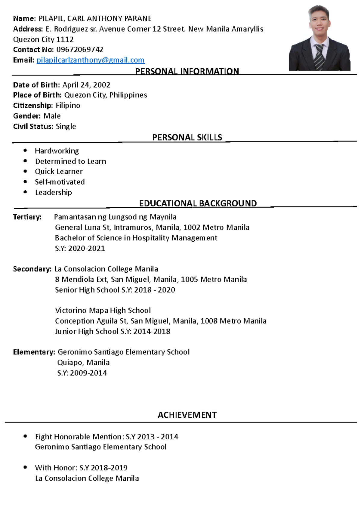 CARL-Resume-2023 - For reference - Name: PILAPIL, CARL ANTHONY PARANE ...