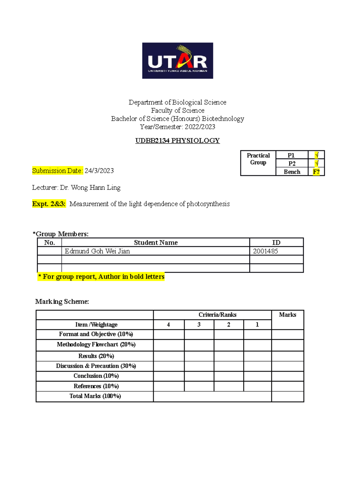 UDBB2134 Practical experiment 3 - Department of Biological Science ...