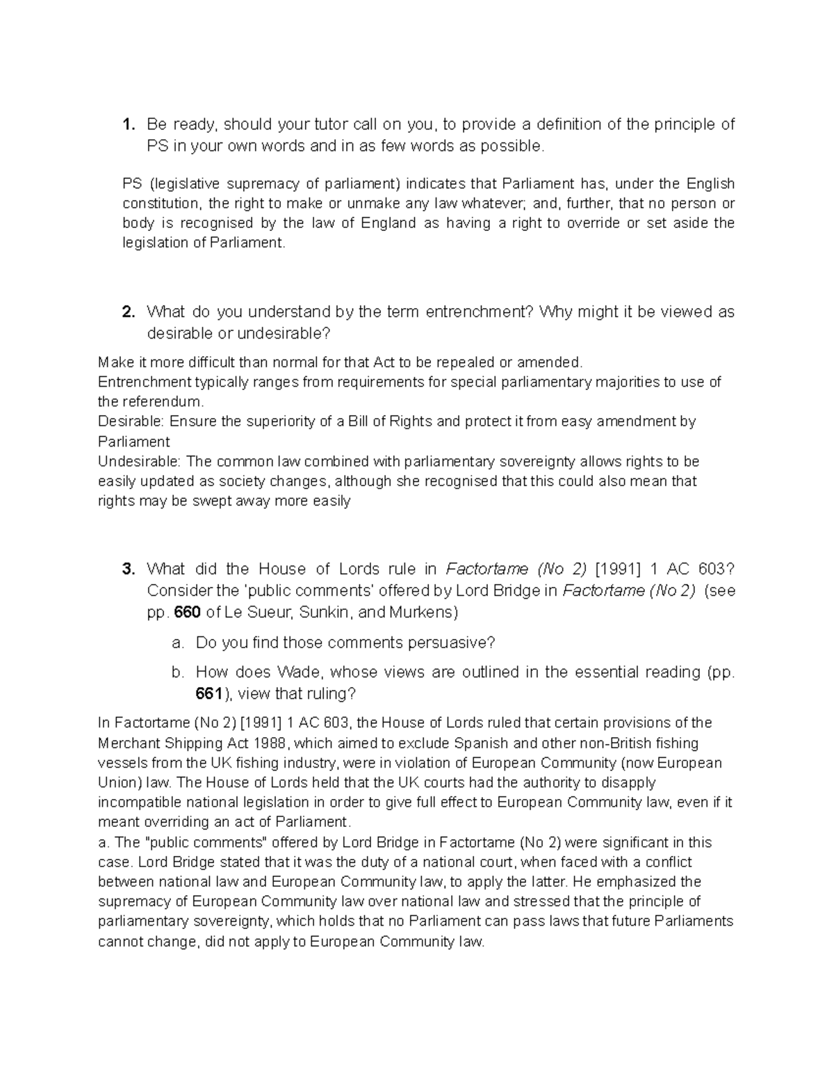 Public Law Tutorial 2 - 1. Be ready, should your tutor call on you, to ...