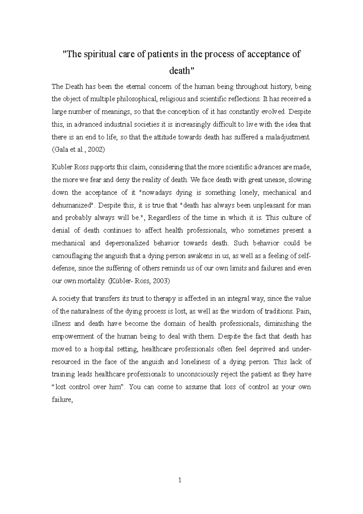 The spiritual care of patients in the process of acceptance of death ...