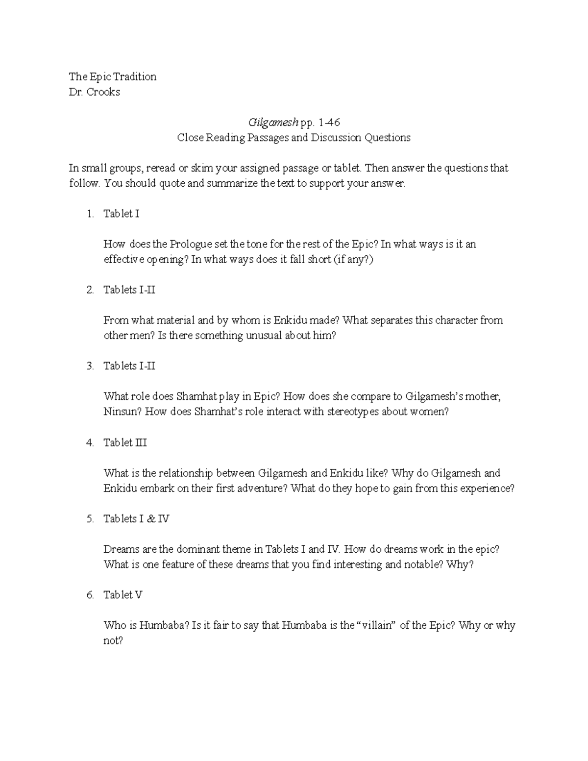 Gilgamesh - Close Reading Passages - The Epic Tradition Dr. Crooks ...