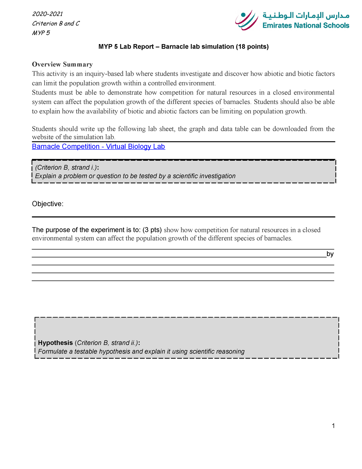 Bio - Good - Criterion B And C MYP 5 MYP 5 Lab Report – Barnacle Lab ...