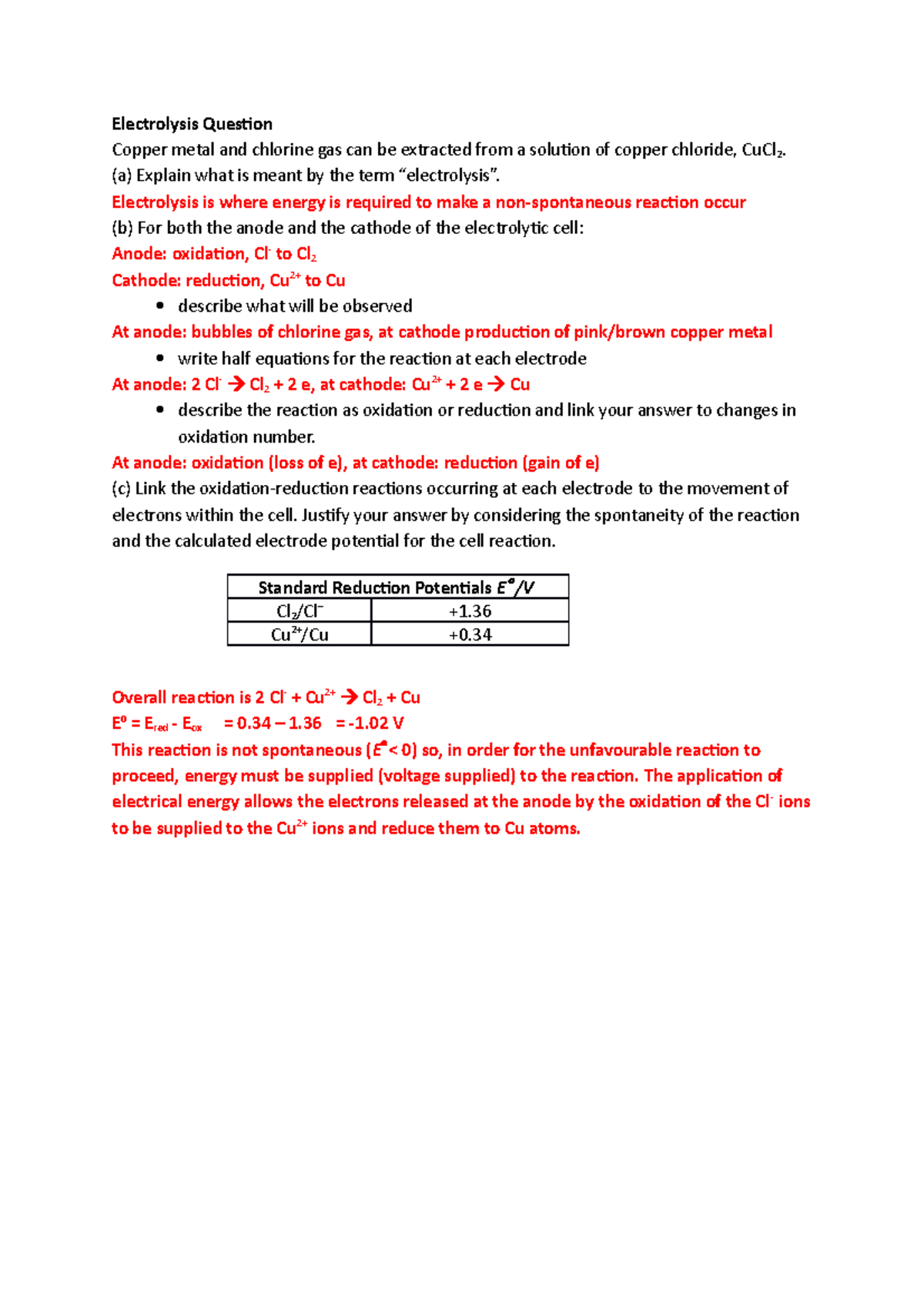 Electrolysis and electrochemistry practise question answers