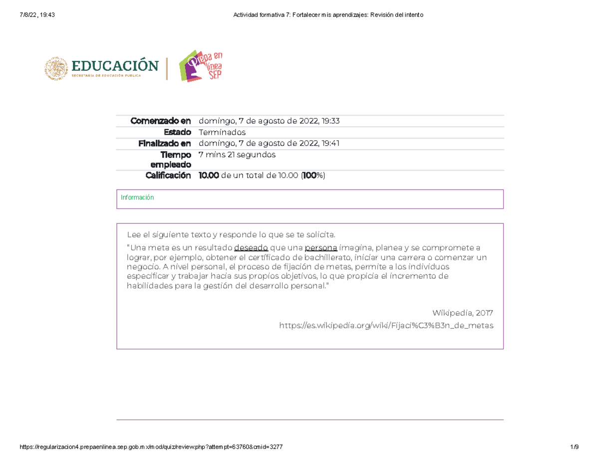 Actividad formativa 7 Fortalecer mis aprendizajes Revisión del intento