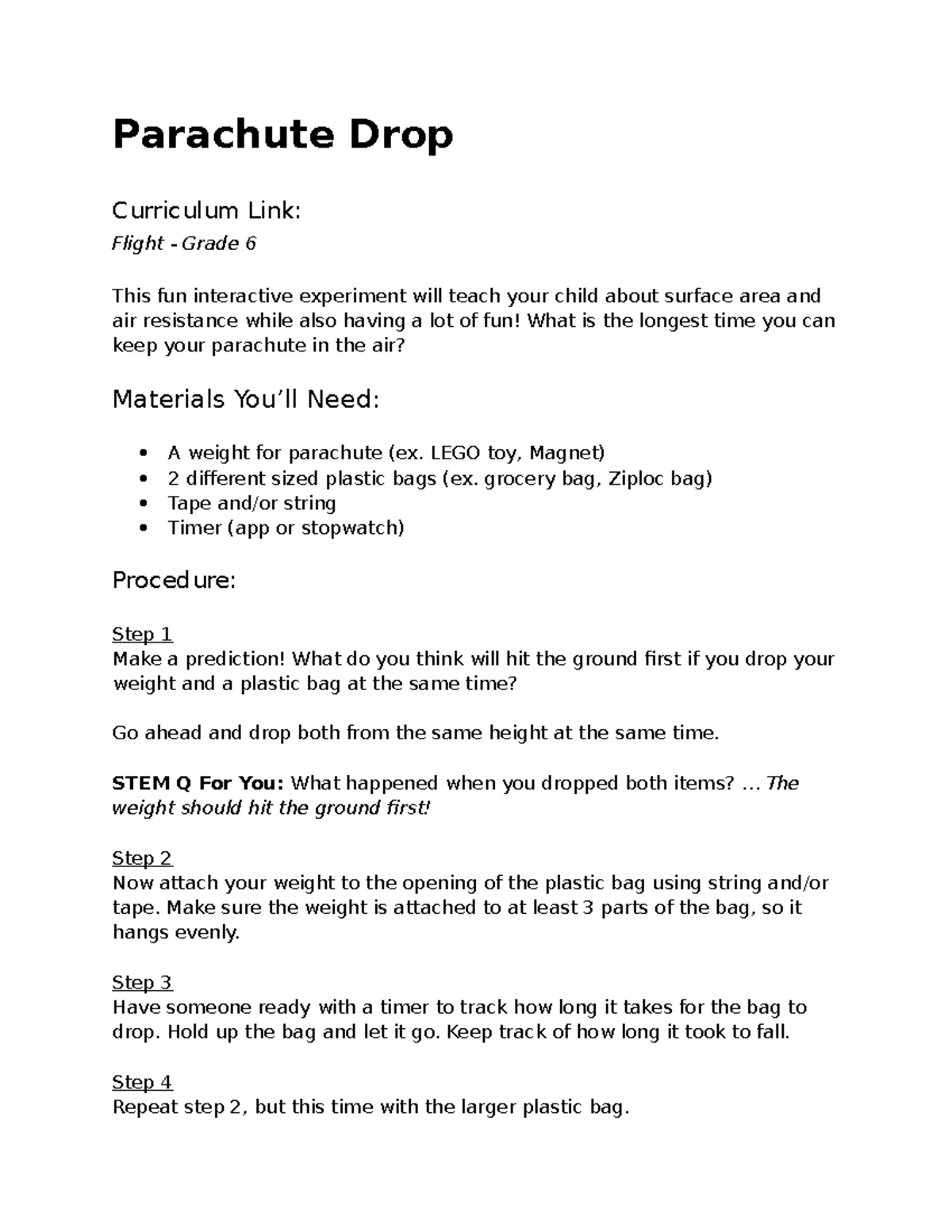 Parachute Drop Assignment Parachute Drop Curriculum Link Flight