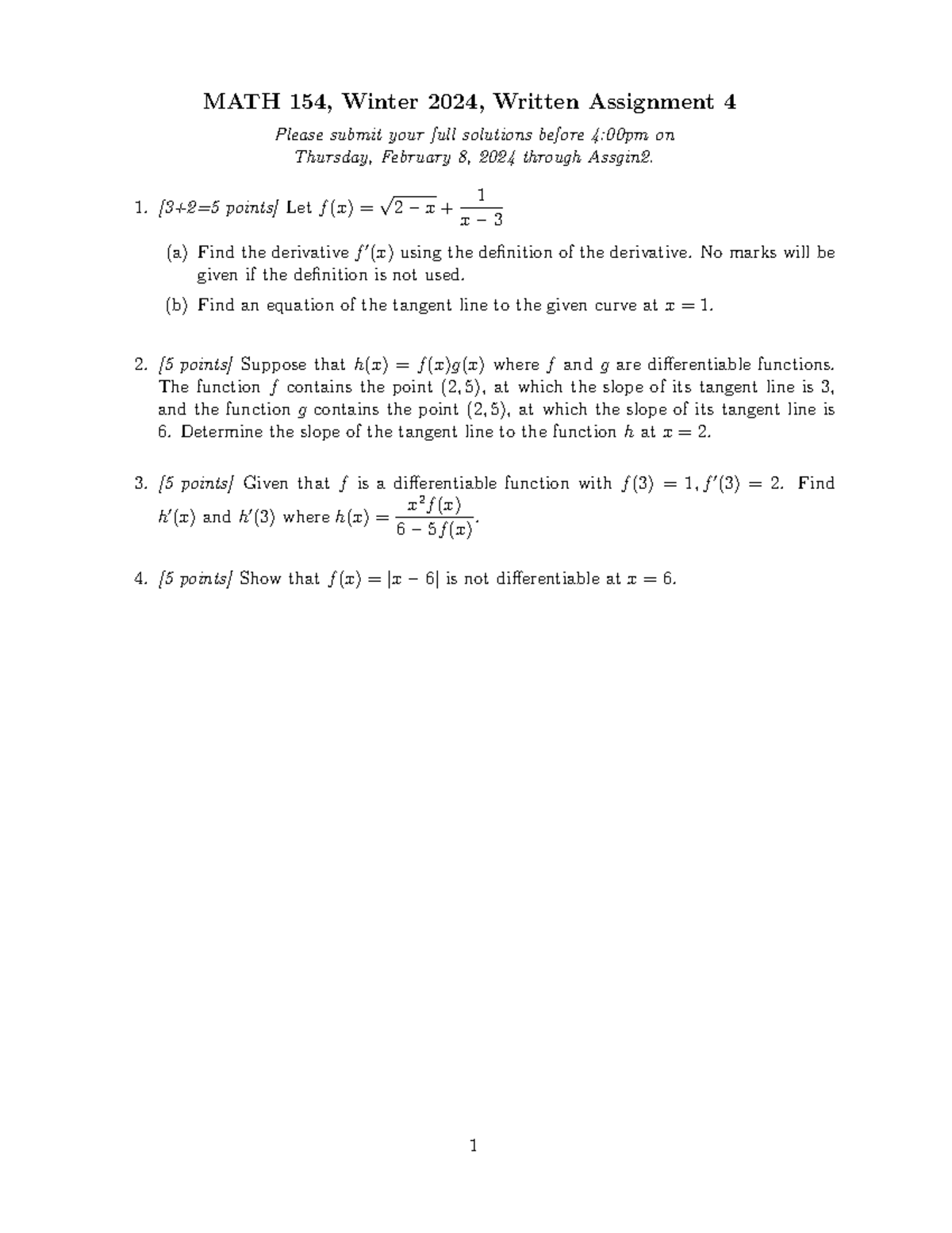 math assignment4 - MATH 154, Winter 2024, Written Assignment 4 Please ...