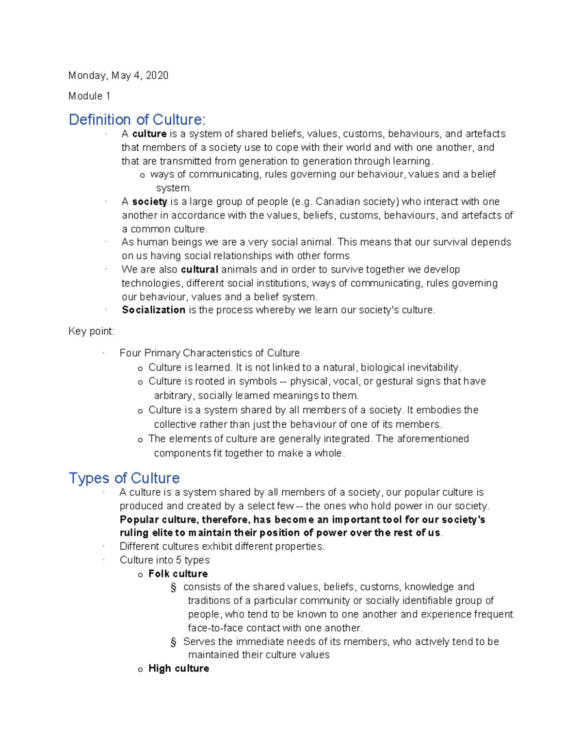 SOC notes - Monday, May 4, 2020 Module 1 Definition of Culture: · A ...