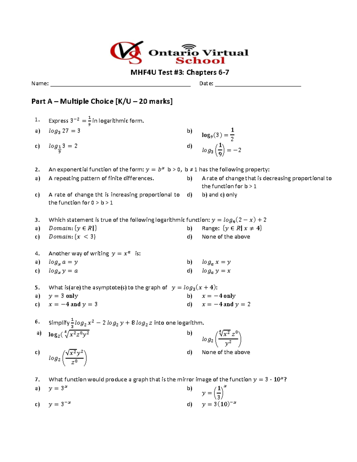 1707419023-Test 3 2024B - MHF4U Test #3: Chapters 6- 7 Name: - Studocu