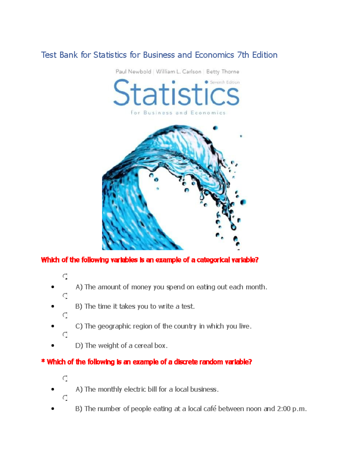 Test Bank for Statistics for Business and Economics 7th Edition B