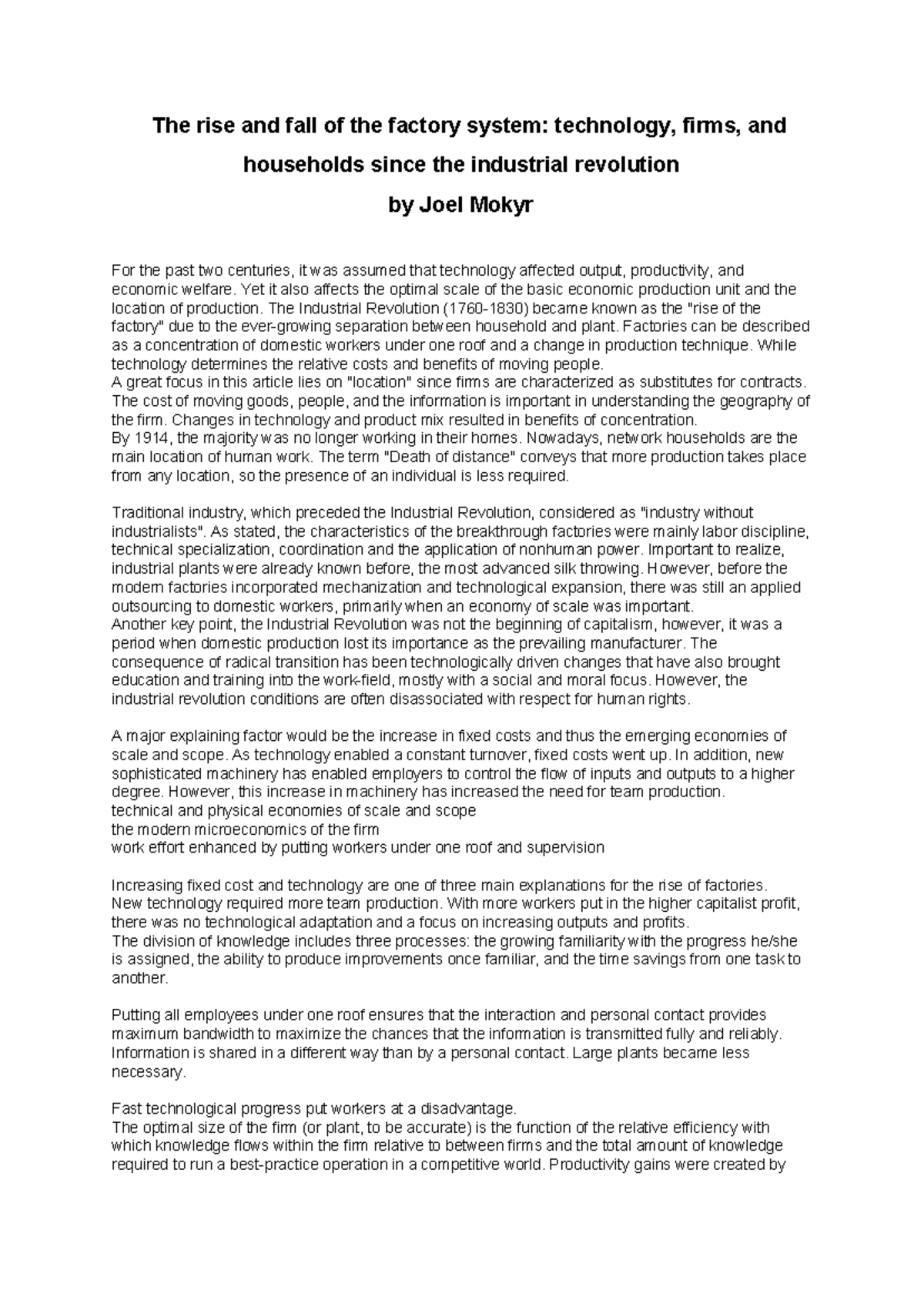 Summary Article Mokyr The rise and fall of the factory system