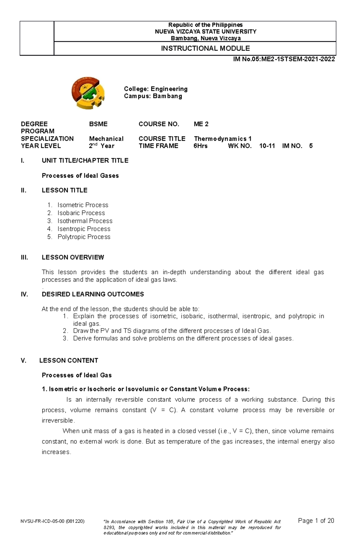 Thermodynamics 1 Module 5 - NUEVA VIZCAYA STATE UNIVERSITY Bambang ...