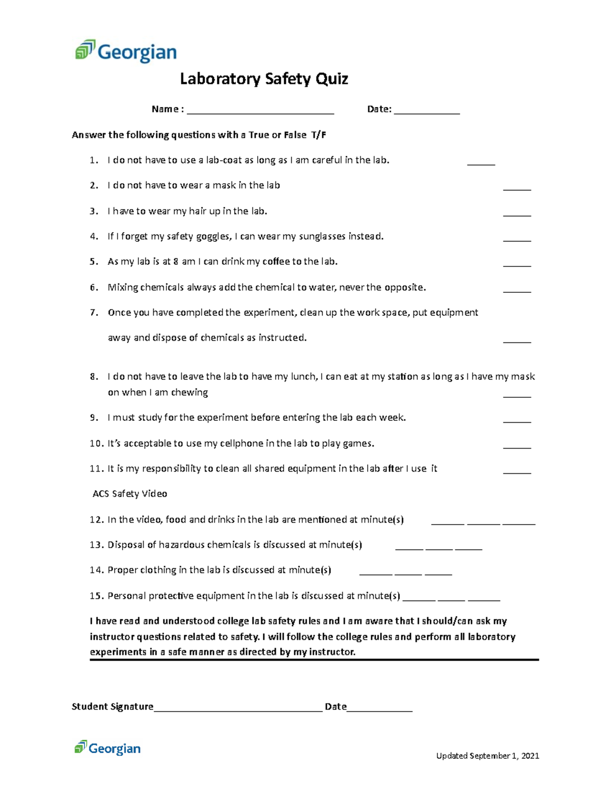 Laboratory SafetyQuizRev012022 Laboratory Safety Quiz Name