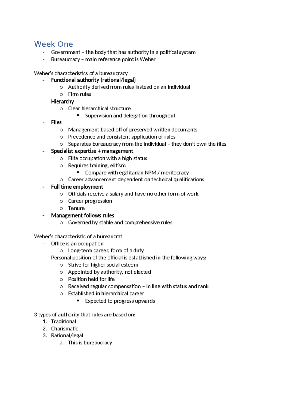 POLS2009 - Combined Notes - Week One Government – the body that has ...