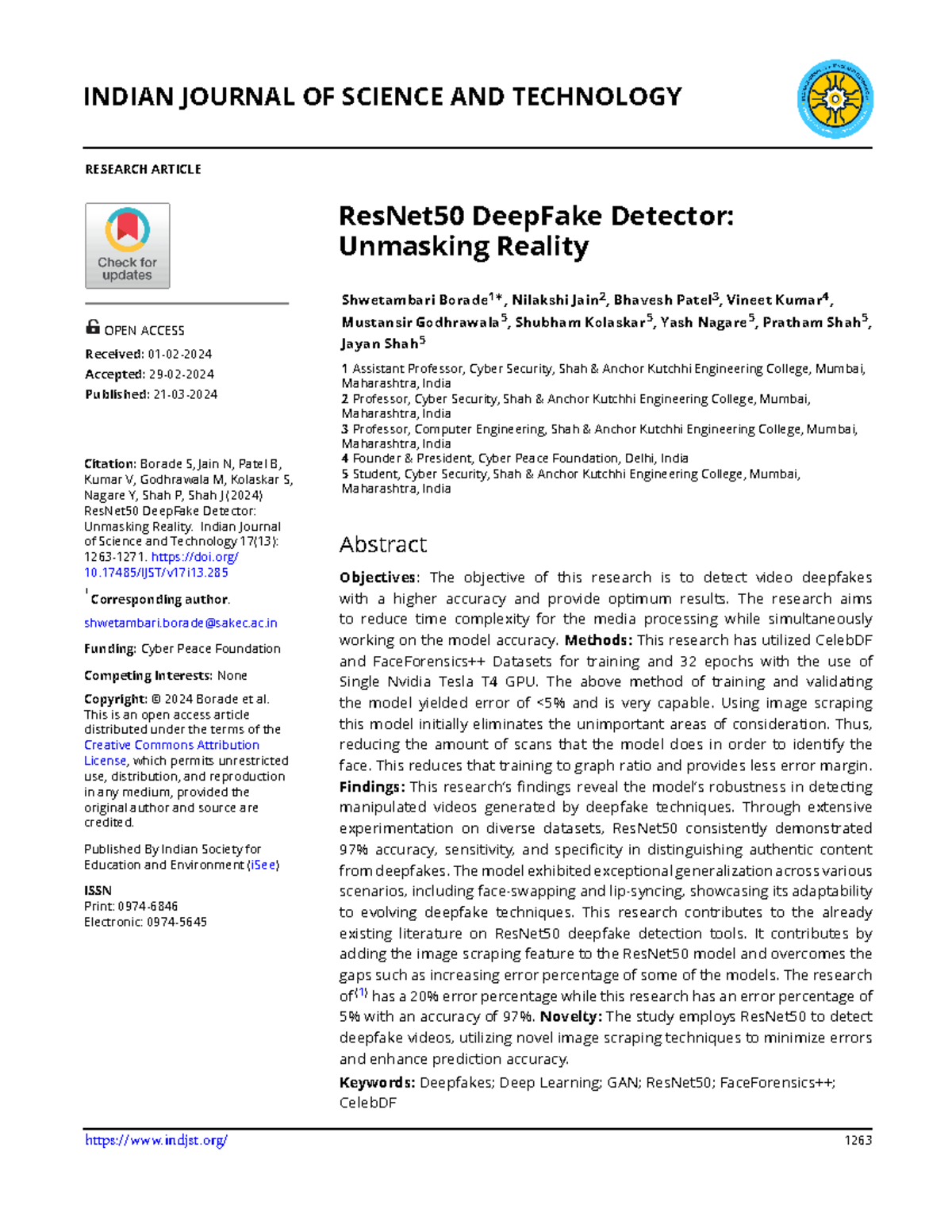 Res Net 50 Deep Fake Detector Unmasking Reality IJST MAr 2024 - INDIAN ...