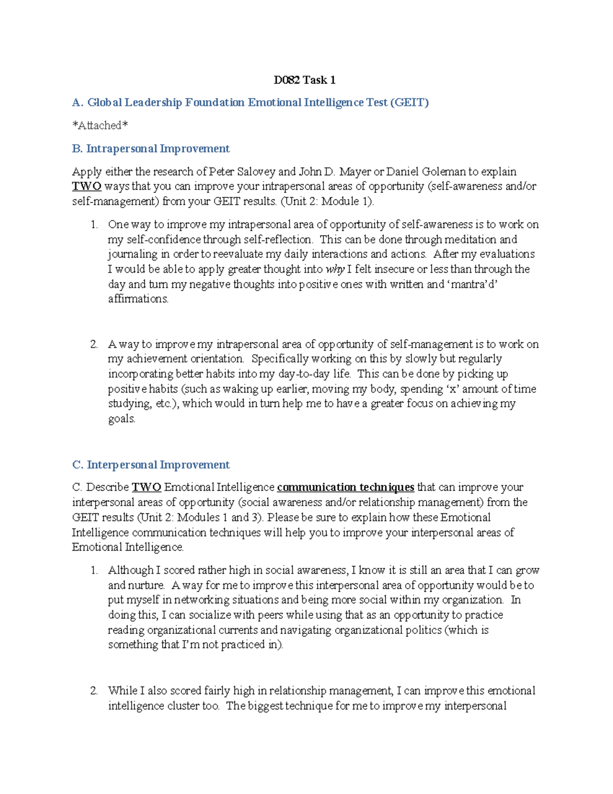 D082 Task 1 - D082 Task 1 - Emotional And Cultural Intelligence - Intra ...