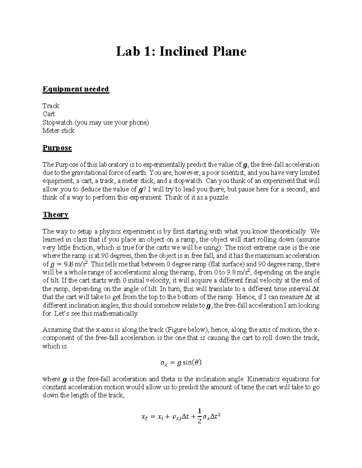 Lab1write Up incline phys11 Lab 1 Inclined Plane ਀ Equipment needed