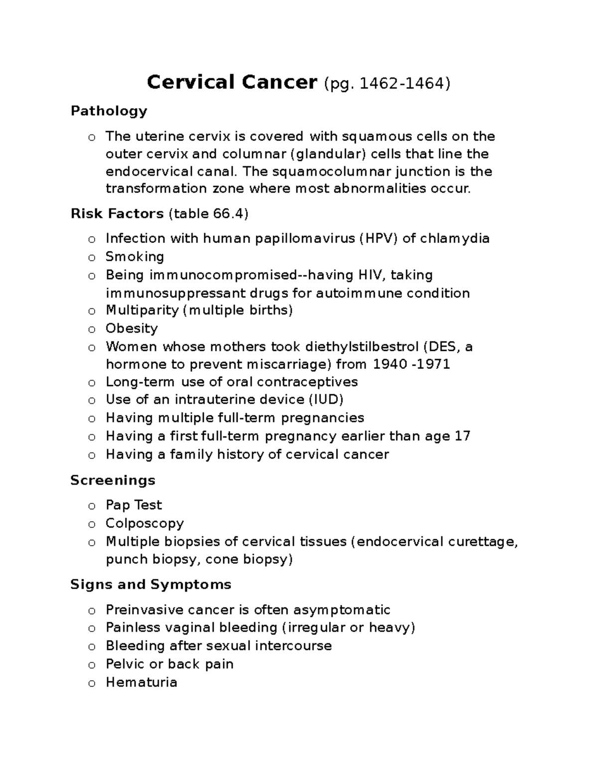 NUR 265 Cervical Cancer - Cervical Cancer (pg. 1462-1464) Pathology o ...