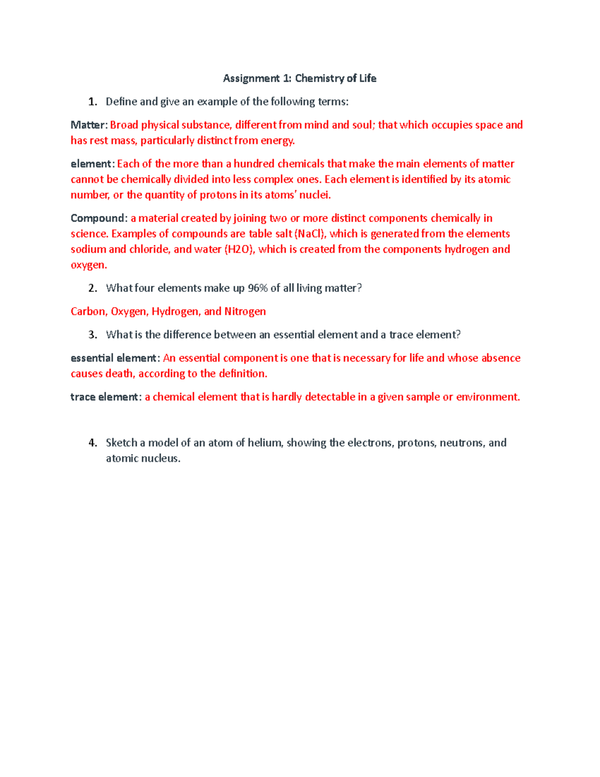 Assignment 1 Biology - Assignment 1: Chemistry Of Life Define And Give ...