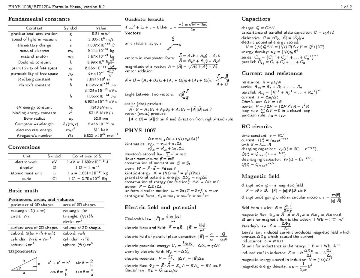 Formula sheet - PHYS 1008/BIT1204 Formula Sheet, version 5 1 of 2 ...