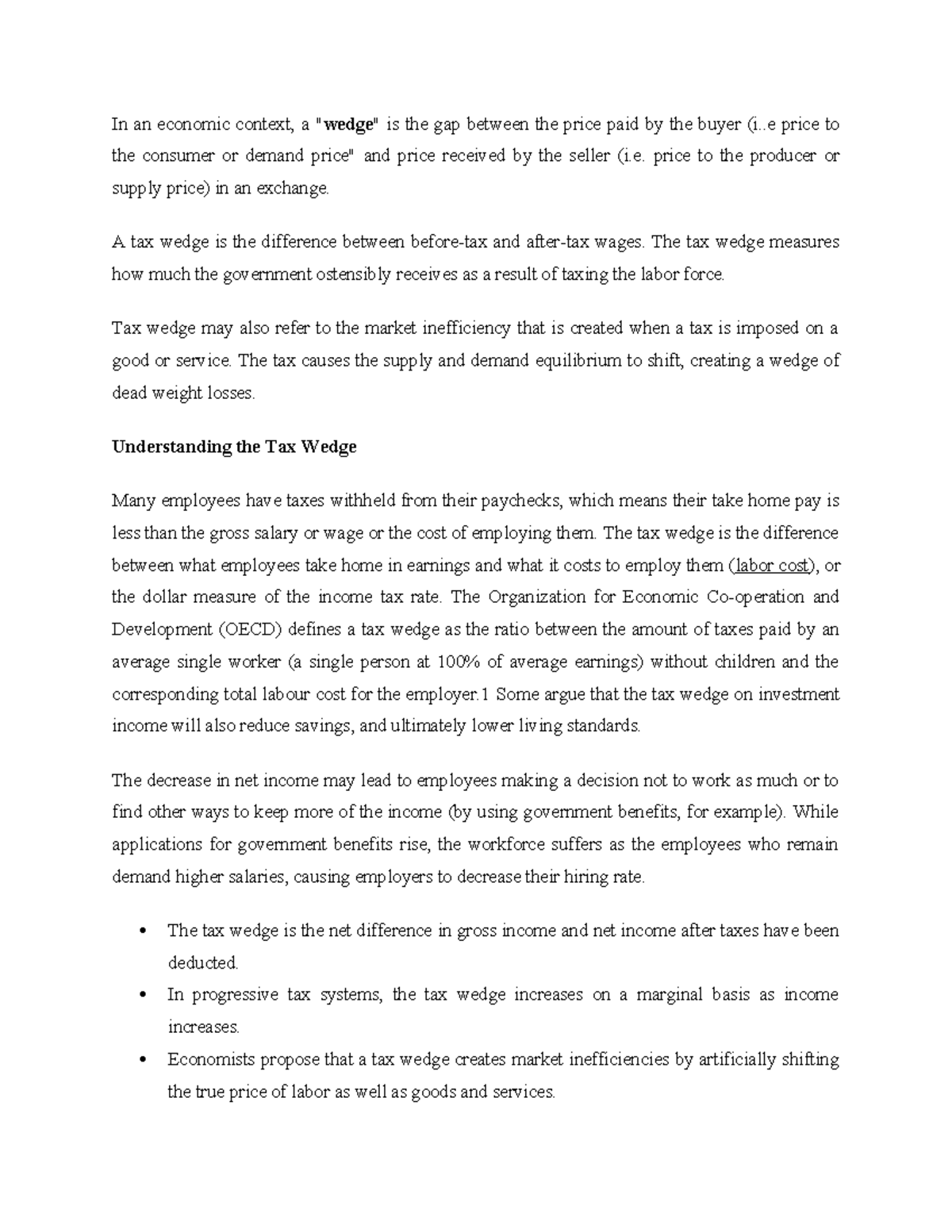 Tax wedge - lecture notes - In an economic context, a "wedge" is the ...