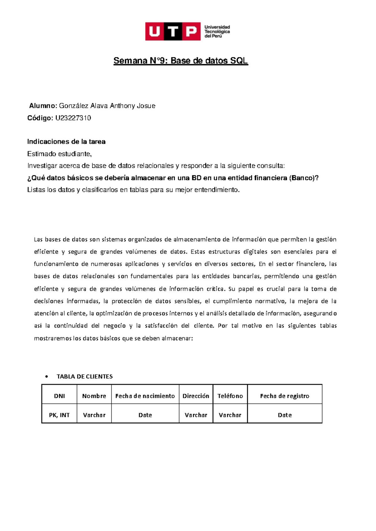 S9 - tarea semana 9 - Semana N° 9 : Base de datos SQL Alumno: González ...