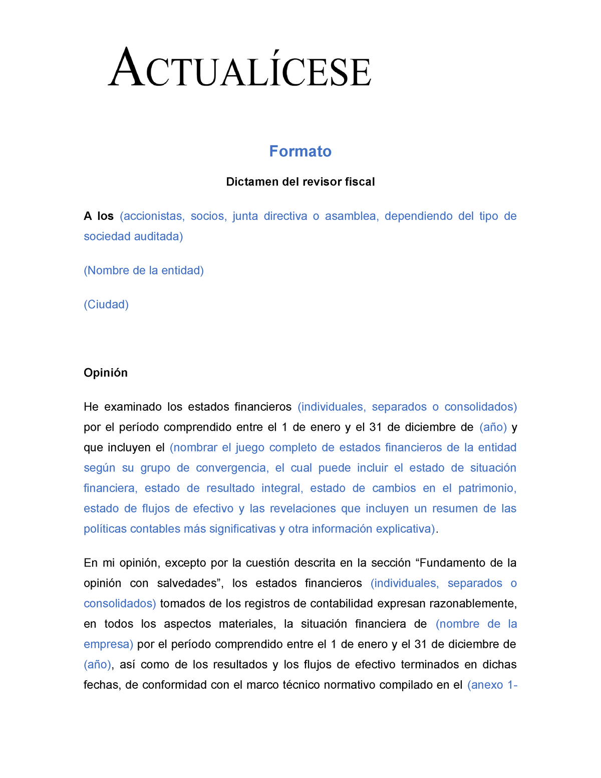 4 Dictamen Del Revisor Fiscal Opinión Con Salvedades Formato