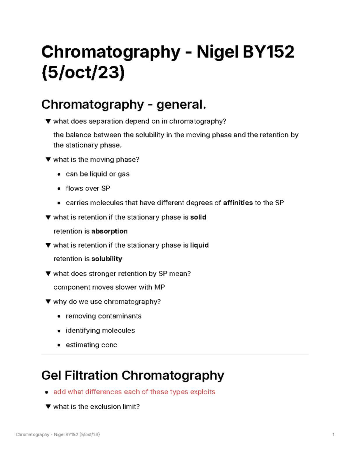 Chromatography Lecture notes Chromatography Nigel BY (5/oct/23