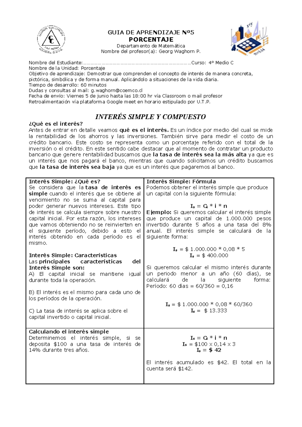 Matemática-simple y compuesto - GUIA DE APRENDIZAJE Nº PORCENTAJE ...