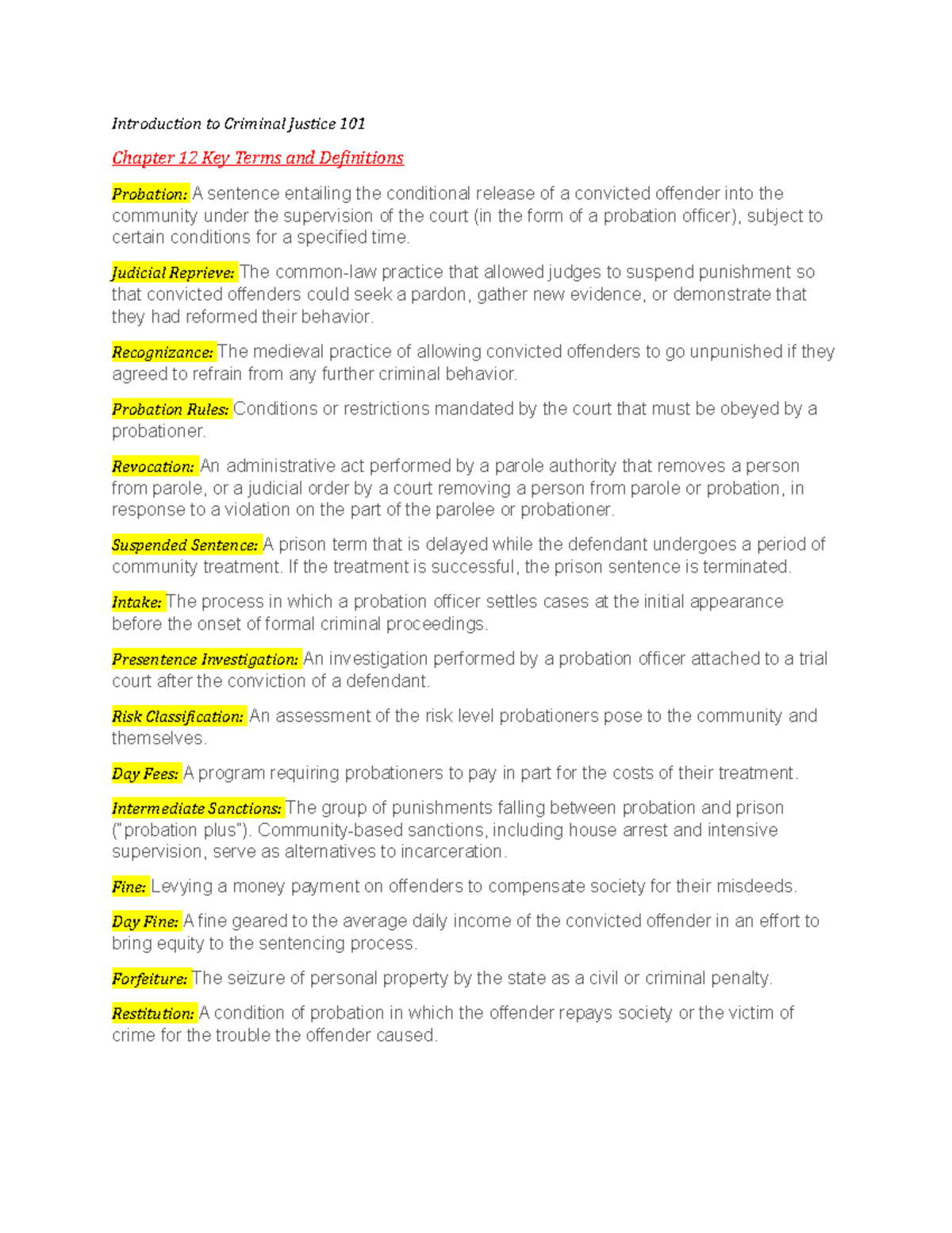 CJ Vocab Ch 12 - kelly roth - Introduction to Criminal Justice 101 ...