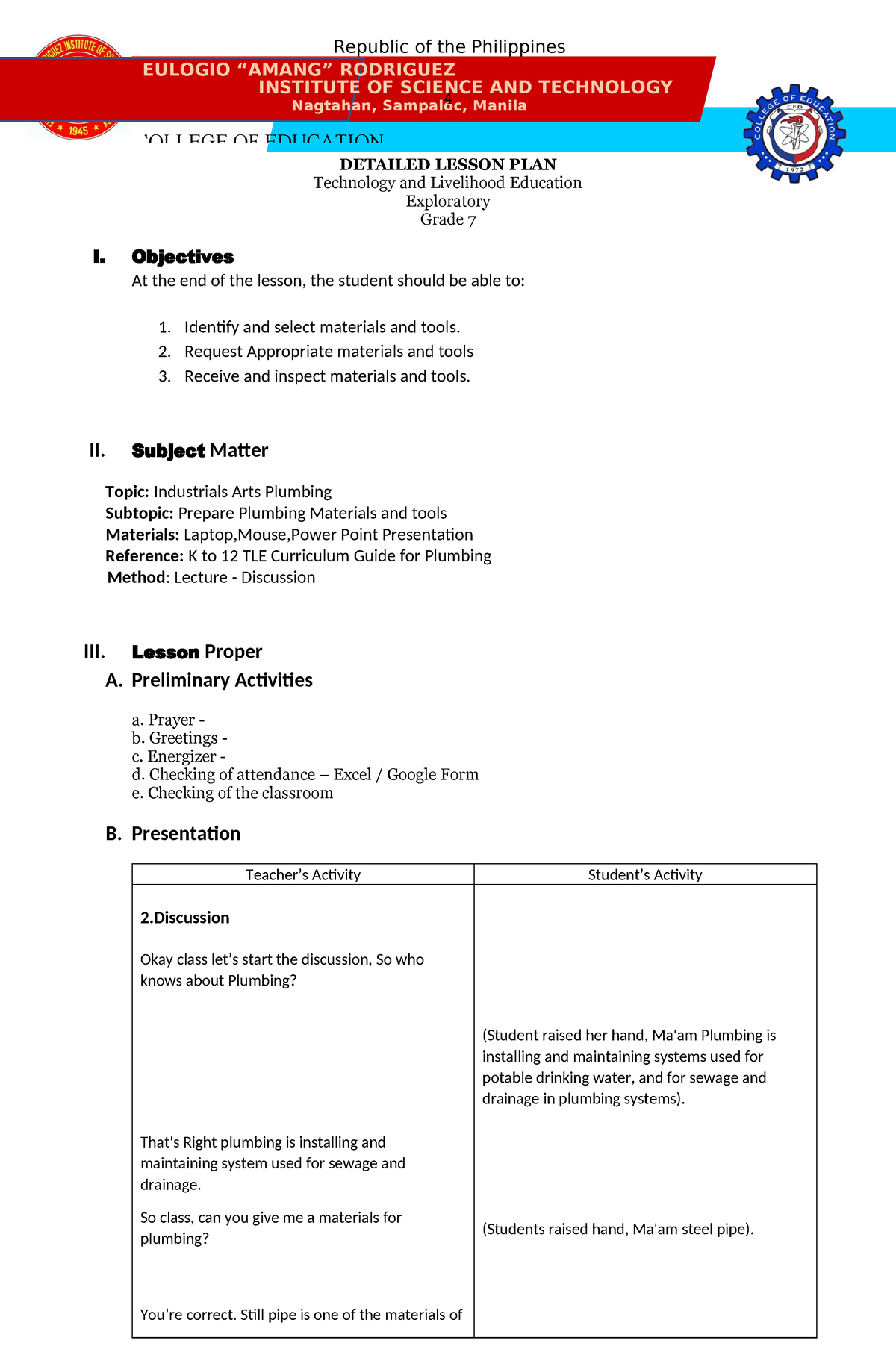 Semi Detailed Lesson Plan Plumbing 1 Eulogio Amang” Rodriguez